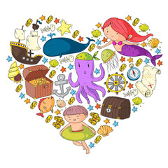 Vector icons of sea ocean adventure for little children. Nautical pattern for kids. Whale, pirates, pirate map, treasure chest, diving and fishes.