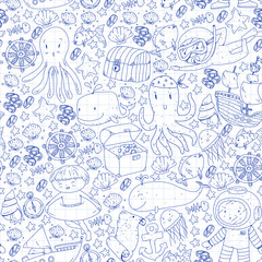 Vector icons of sea ocean adventure for little children. Nautical pattern for kids. Whale, pirates, pirate map, treasure chest, diving and fishes.