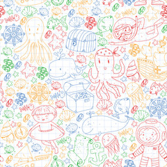 Vector icons of sea ocean adventure for little children. Nautical pattern for kids. Whale, pirates, pirate map, treasure chest, diving and fishes.