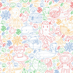 Vector icons of sea ocean adventure for little children. Nautical pattern for kids. Whale, pirates, pirate map, treasure chest, diving and fishes.