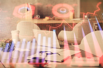 Multi exposure of stock market chart drawing and office interior background. Concept of financial analysis.