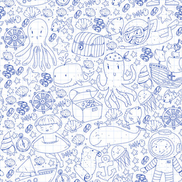 Vector icons of sea ocean adventure for little children. Nautical pattern for kids. Whale, pirates, pirate map, treasure chest, diving and fishes.