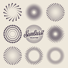 Vintage sunburst collection. Bursting sun rays and dots. Fireworks. Logotype or lettering design element. Radial sunset beams. Vector illustration.