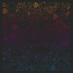 Vector icons of sea ocean adventure for little children. Nautical pattern for kids. Whale, pirates, pirate map, treasure chest, diving and fishes.