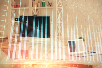 Double exposure of financial graph drawing and office interior background. Concept of stock market.