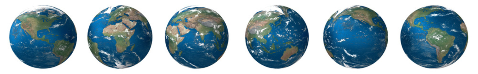 Set of Planet Earth view to different continents and oceans, 3d rendering illustration.