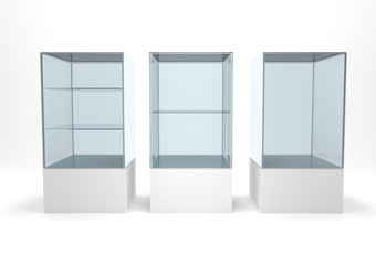 Empty transparent clear glasses showcase set for retail store or exhibition stand 3d rendering image.