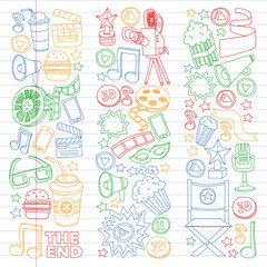 Cinema, movie, film doodles hand drawn sketchy vector symbols and objects