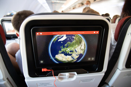 Istanbul, Turkey - 09 Aug 2020: Display image of airplane screen device for entertainment to serve passenger