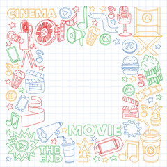 Fototapeta na wymiar Cinema, movie, film doodles hand drawn sketchy vector symbols and objects
