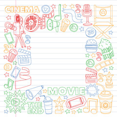 Cinema, movie, film doodles hand drawn sketchy vector symbols and objects