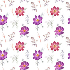 Weightless and airy seamless pattern with bright cosmos flowers and herbs on a white background. Perfect for textile, wrapping paper and fashion design. 