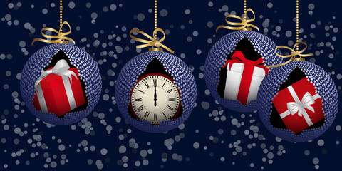 2021 - Illustration 3D de 4 boules de Noël décorées d’étoiles avec à l’intérieur des cadeaux et une horloge indiquant minuit - fond bleu nuit avec de la neige.