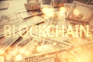 Multi exposure of crypto theme drawing over us dollars bill background. Concept of blockchain success.