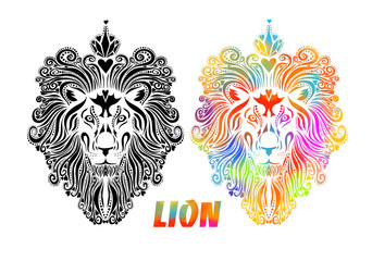Lion face logo emblem template for business or t-shirt design. Mixed media. Vector Vintage Design Element.