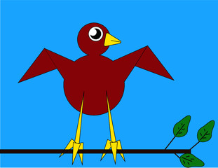 Red bird perched on branch with blue background