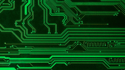 Full screen texture of tracks on a green printed circuit board, panoramic