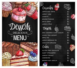Desserts and cakes menu chalkboard sketch. Strawberry and chocolate cakes pieces, cupcakes and muffins with fresh berries. Bakery, pastry shop, cafe or restaurant deserts menu vector template