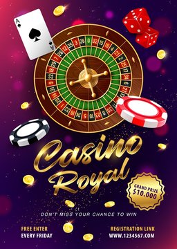 Casino Gambling, Roulette Win 3d Realistic Vector. Roulette Wheel And Dices, Card Ace Of Spades, Golden Coins And Chips. Online Casino Games Grand Prize Or Jackpot Banner, Advertising Poster