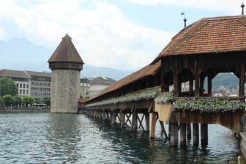 Swiss Bridge w/ Flowers Over Water