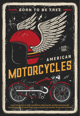 Motorcycle poster vintage, motorbike and biker racing vector retro sign. Moto bike garage and classic chopper bike, American custom motorcycle garage and road travel, helmet on wings, grunge poster