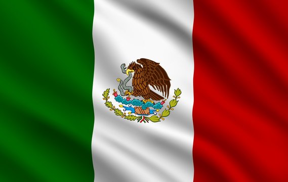 Mexican flag, Mexico country national identity, vector design with eagle and snake. Foreign language learning, international business or travel symbol, realistic 3d waving Mexican traditional flag