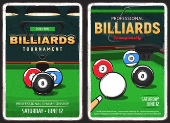 Billiards pool game, snooker championship and tournament vector retro vintage posters. Poolroom billiards and pool snooker, sport game cues, 8 eight ball and triangle rack on green table - obrazy, fototapety, plakaty