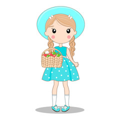 Girl in cartoon style with a basket of apples