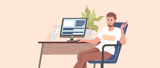 Programmer, coder, web developer or software engineer sitting at desk and working on computer or programming. Young guy works from home vector