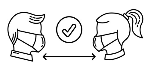 Social distancing because of virus linear icon concept people with face masks