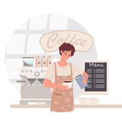 Barista in coffee shop. Man in apron making coffee, offering takeaway cup. Cafe concept. Vector illustration