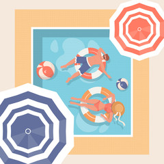 Young people relaxing in swimming pool. Summer hot day Vector illustration