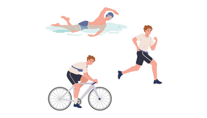 Young athlete is swimming, running and cycling