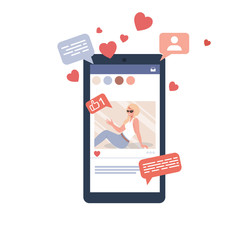Girl influencer in a social media post. Thumb up, comments and share vector illustration