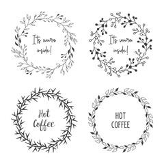 Hand Drawn Wreath with Text. Vector Window Signage Template for Coffee Shop.