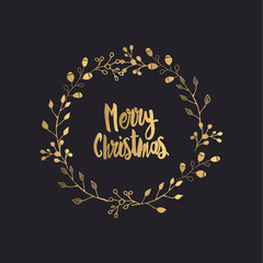 Hand Drawn Merry Christmas Card with Golden Wreath on Black Background. Gold festive confetti abstract decoration for party celebrations, or events. 