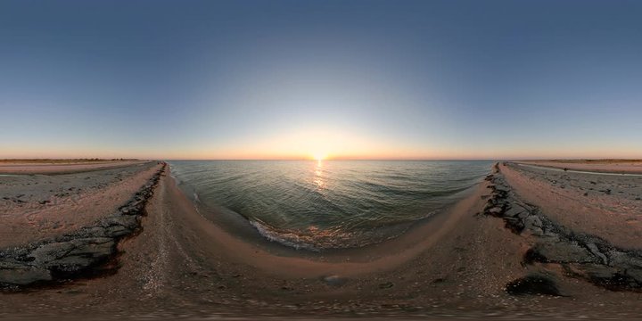 4K 360 VR Virtual Reality. Sunny sunset on the Sea of Azov Ukraine. Time Lapse