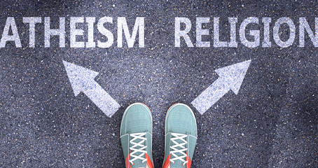 Atheism and religion as different choices in life - pictured as words Atheism, religion on a road to symbolize making decision and picking either Atheism or religion as an option, 3d illustration