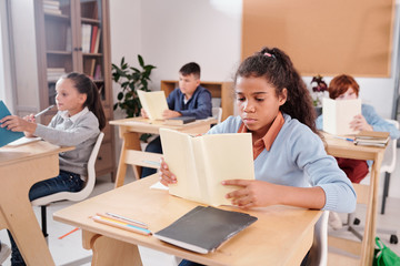 Mixed-race schoolgirl and group of her classmates by other desks reading books