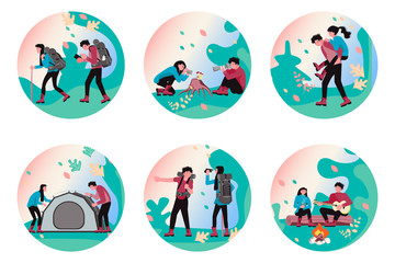 Set of hiking people