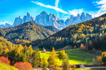 Captivating scenery in Dolomites with the St. John's in Ranui Chapel.