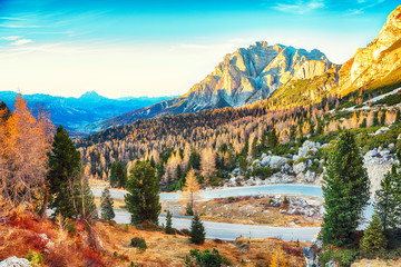 Autumn landscape with larches  in Dolomite Alps and fantastic  Falzarego pass at sunset