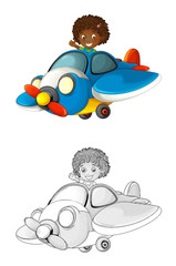 cartoon scene with sketch with kid in toy traditional plane with propeller flying - illustration
