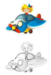 cartoon scene with sketch with kid in toy traditional plane with propeller flying - illustration