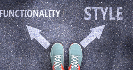 Functionality and style as different choices in life - pictured as words Functionality, style on a road to symbolize making decision and picking either one as an option, 3d illustration