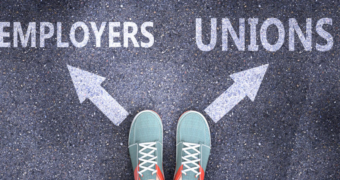 Employers and unions as different choices in life - pictured as words Employers, unions on a road to symbolize making decision and picking either Employers or unions as an option, 3d illustration