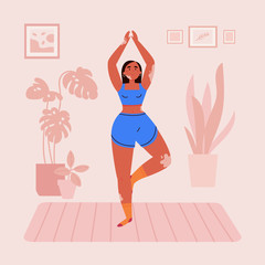 Disabled woman with vitiligo practices yoga in her room.Daily activities and fun.Home interior.Mindfulness practices.Meditative pose.Vector flat style cartoon illustration.