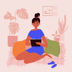 Young woman reading book in her room.Daily activities and fun.Home interior.Relax practices.Home education.Meditative pose.Vector flat style cartoon illustration.