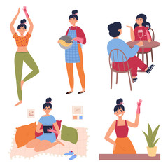 Disabled young woman with bionic hand.Daily activities and fun.A woman practices yoga,goes on dates,cooks,reads Physical disability.Vector flat style cartoon illustration,isolated,white background