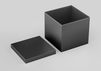 Black Realistic Square Box Mockup, Dark Cardboard Packaging Cube box, 3d Rendering isolated on white background ready for your design